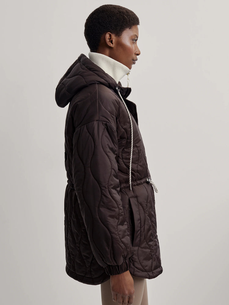 Dark brown wavy quilted jacket with hood, drawstring waist, and elastic cuffs.