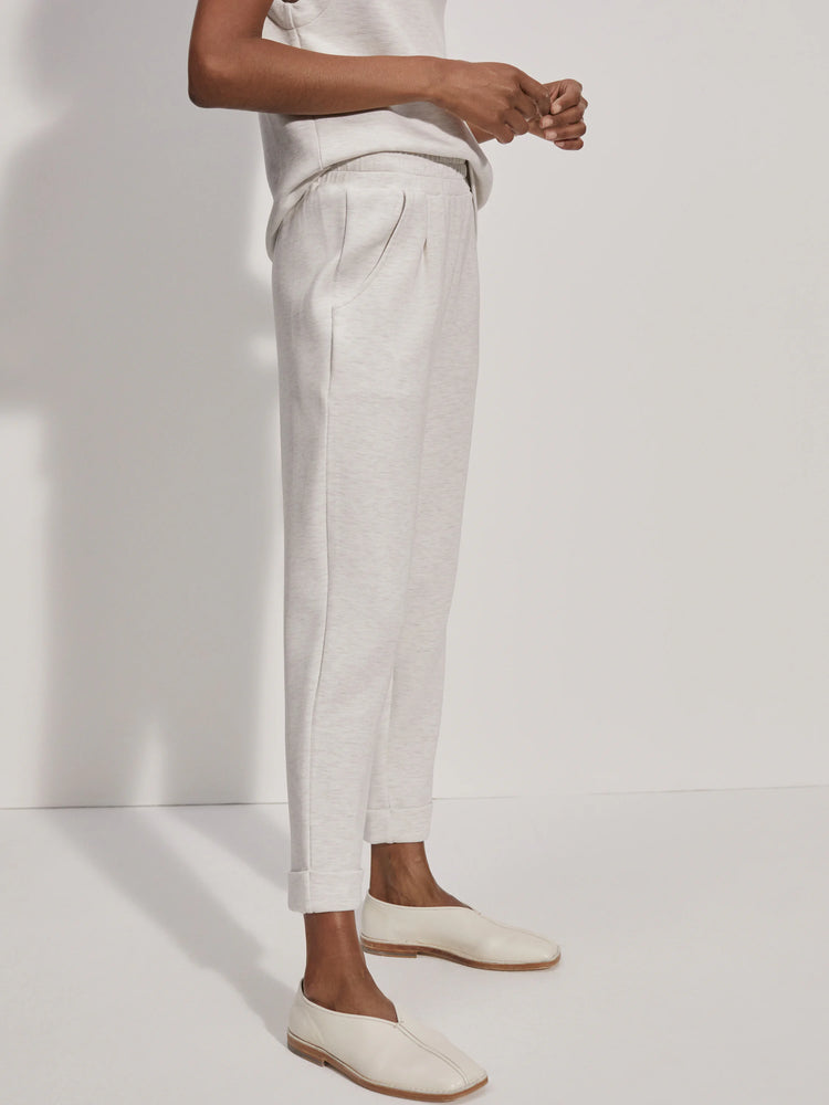 Light gray, rolled-cuff pants; cropped,  pull-on style with pockets.