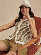 Cream and brown geometric knit sleeveless top with front buttons.