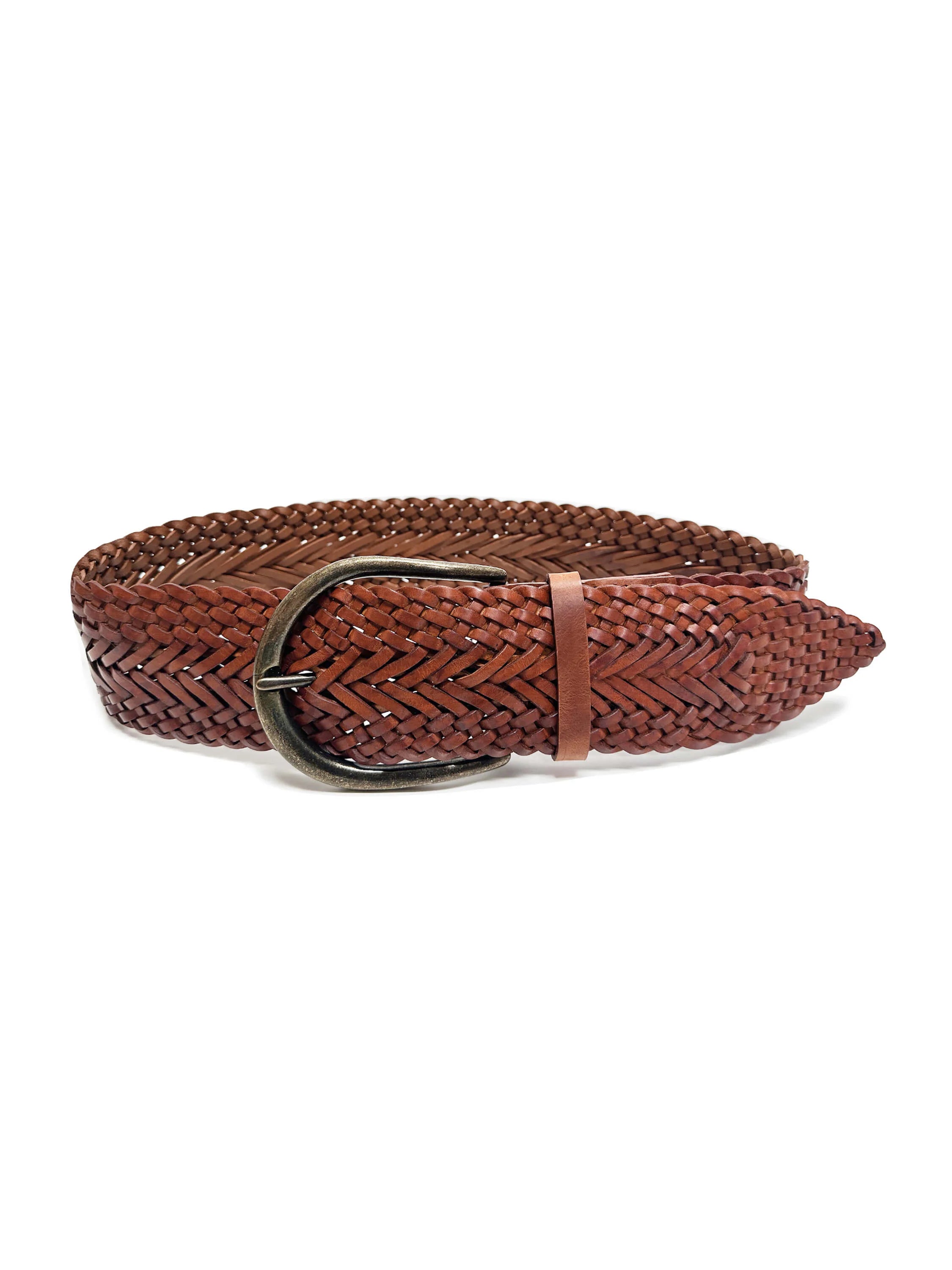 Brown woven belt with a dark metal buckle.