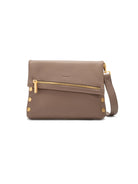 Taupe pebbled leather bag with gold hardware, including a diagonal front zipper, four studs, and an adjustable strap.