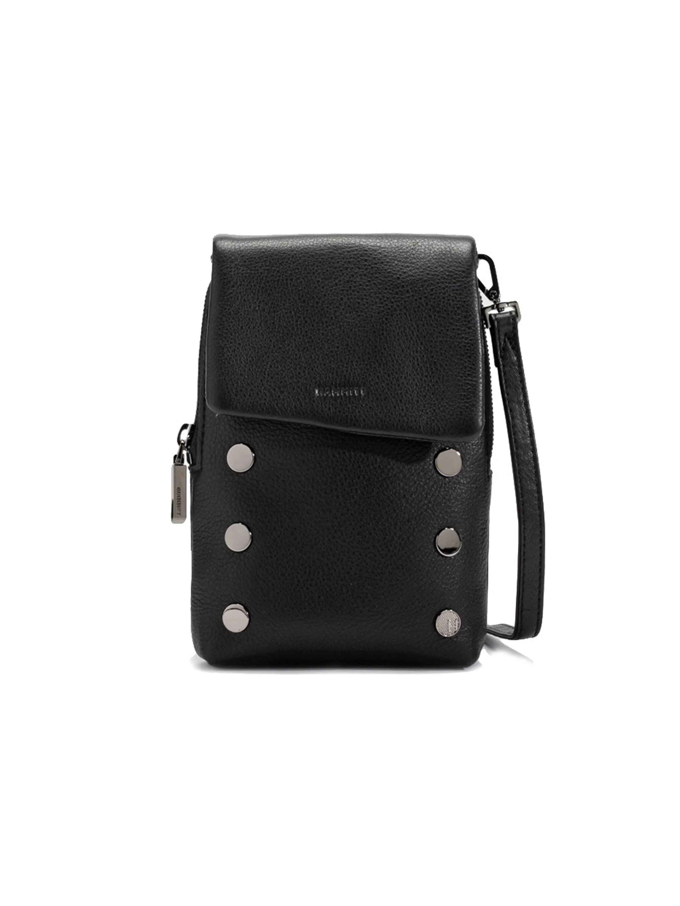 Black pebbled leather mobile crossbody bag with a flap closure, a thin strap, and silver-toned studs.