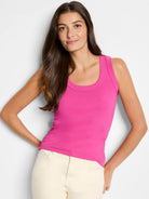 Bright pink ribbed knit scoop neck tank top.