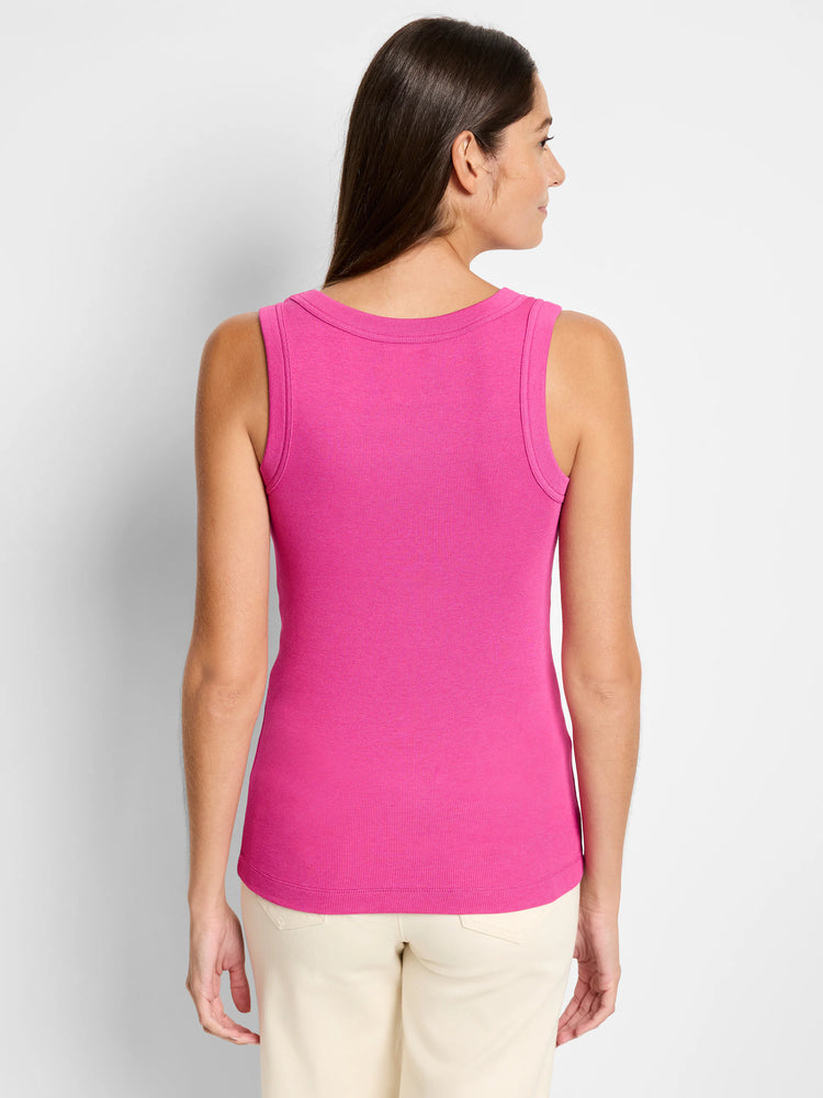 Magenta ribbed knit scoop tank, shown from behind on a model. Close-fitting design.