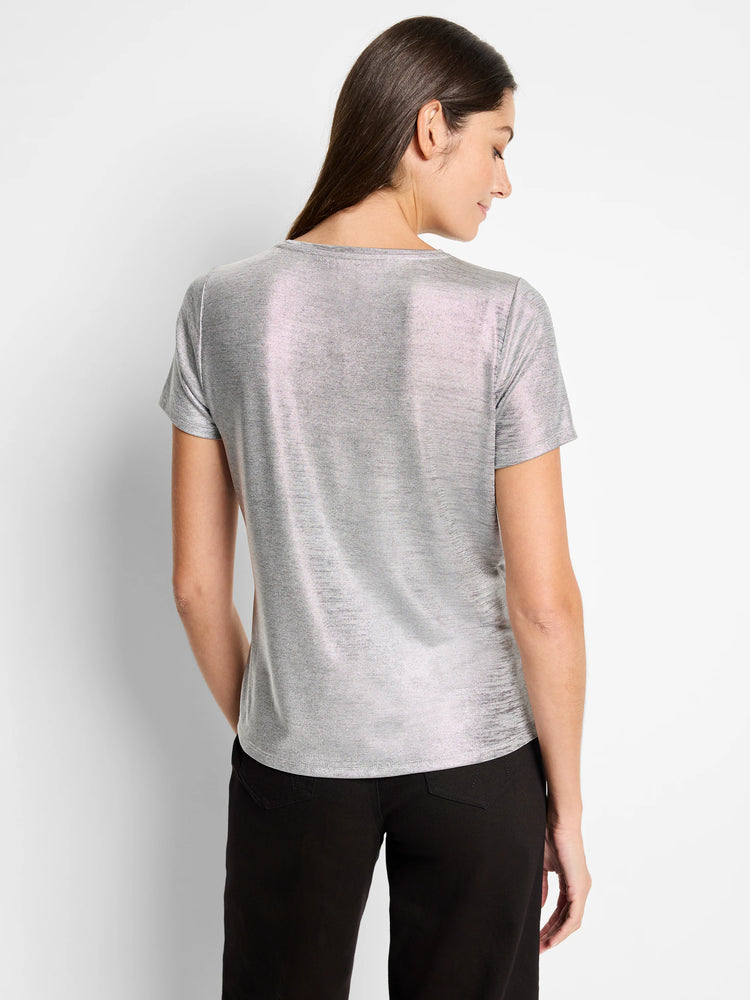 Silver metallic short-sleeved tee.  Back view shows subtle texture.