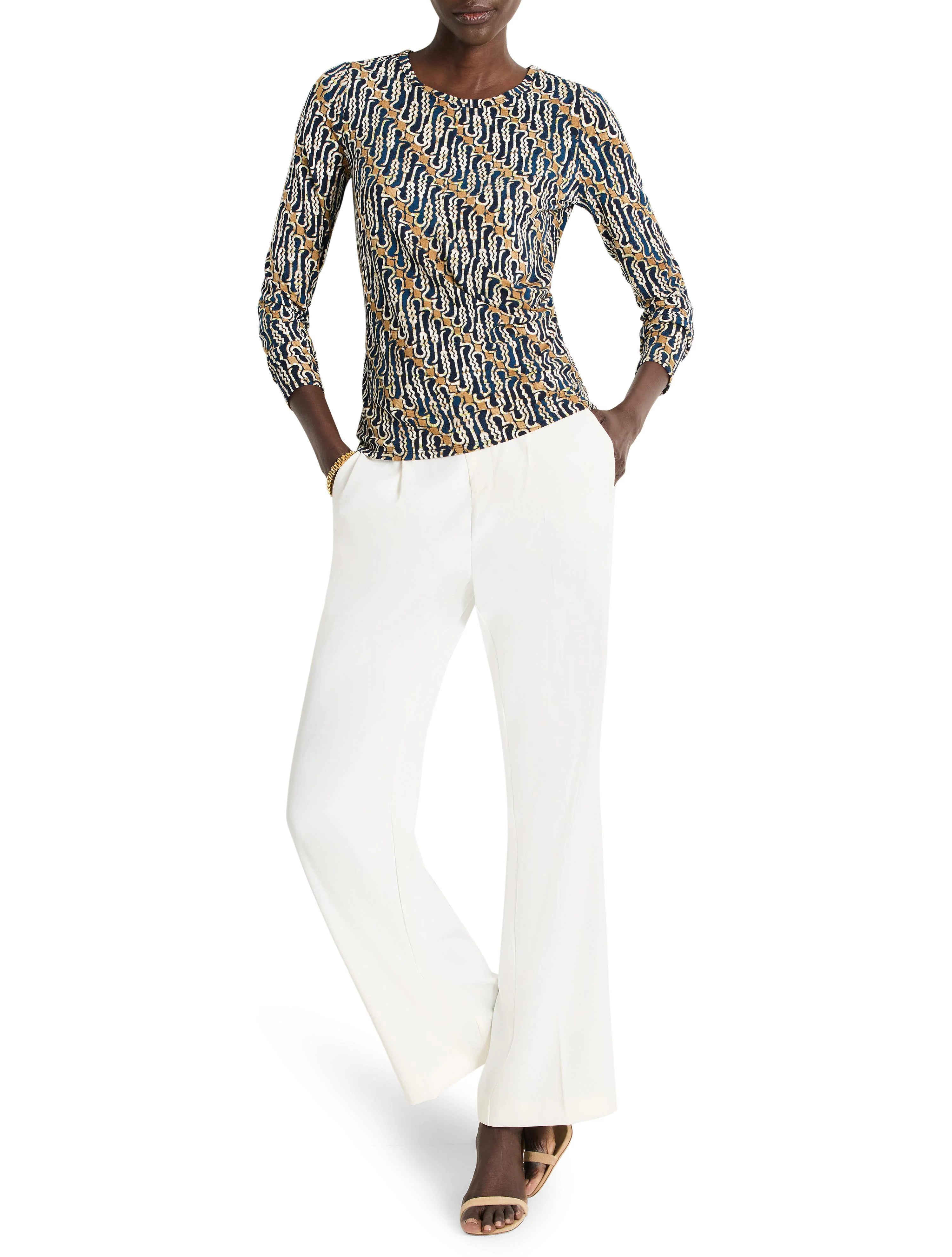 Vintage batik drape top.  Navy, beige, and gold patterned, three-quarter sleeves, round neck.