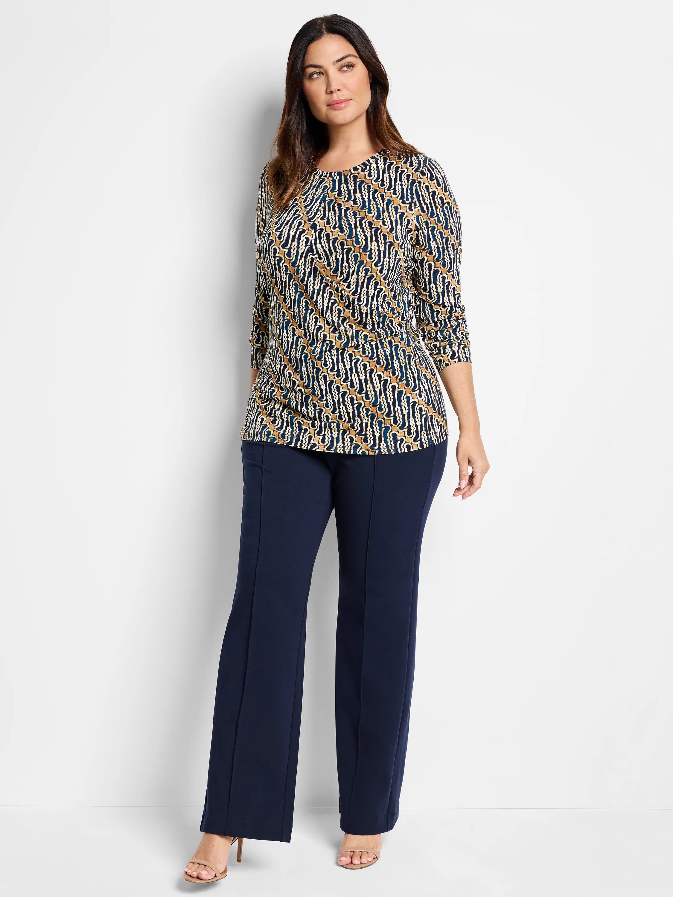 Vintage Batik drape top; navy, teal, and tan pattern, 3/4 sleeves, round neck.