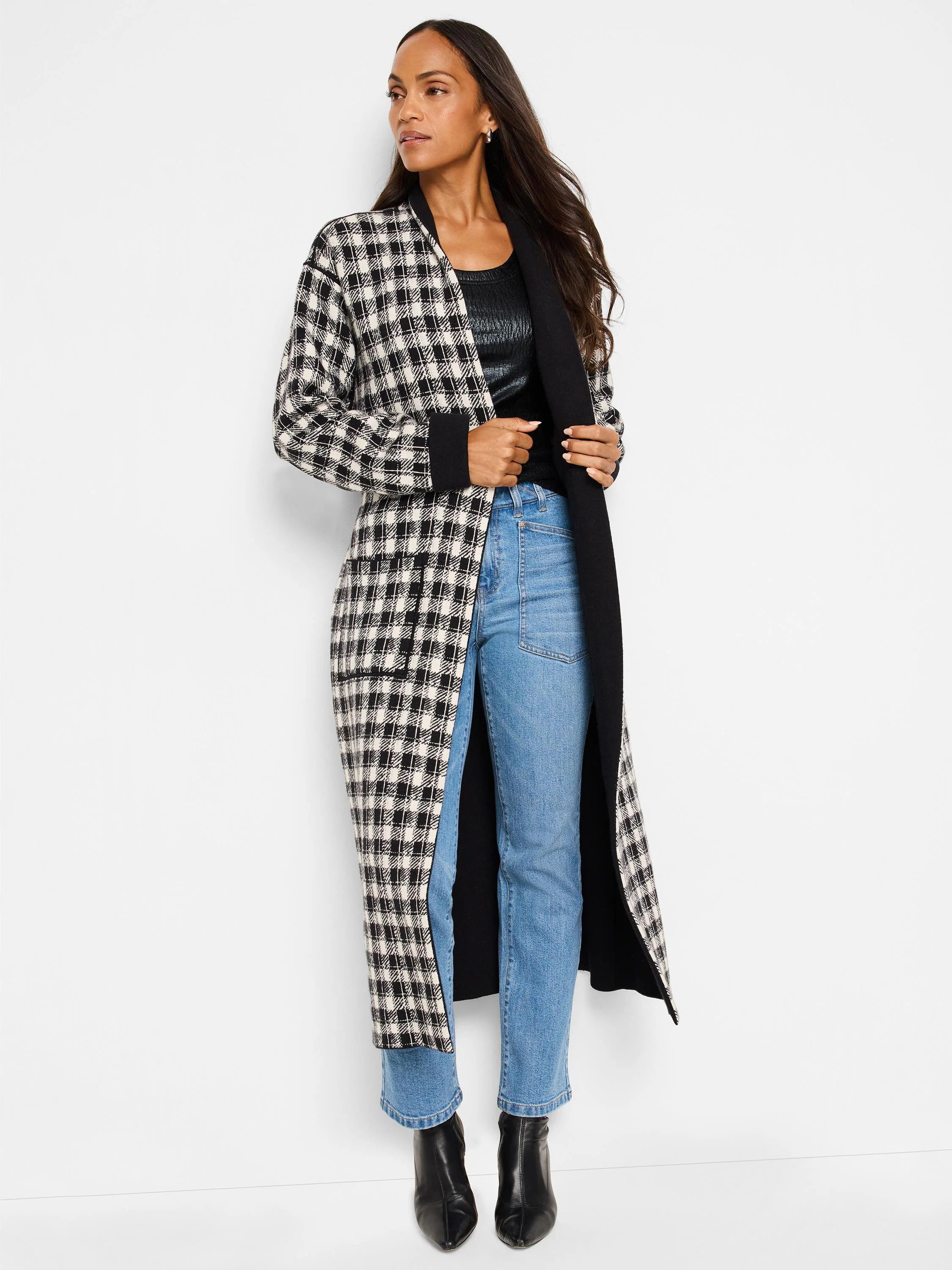 Black and white gingham long cardigan, black lining, open front.
