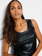 Black, metallic ribbed sleeveless top with a scoop neck.
