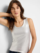 Silver metallic ribbed sleeveless top with a scoop neck.
