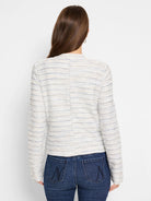 Here's alt text for the image, under 125 characters:

Knit jacket, off-white base with thin, horizontal stripes in blue,...