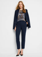 Navy blue Ponte zip jacket.  Features a zip detail.