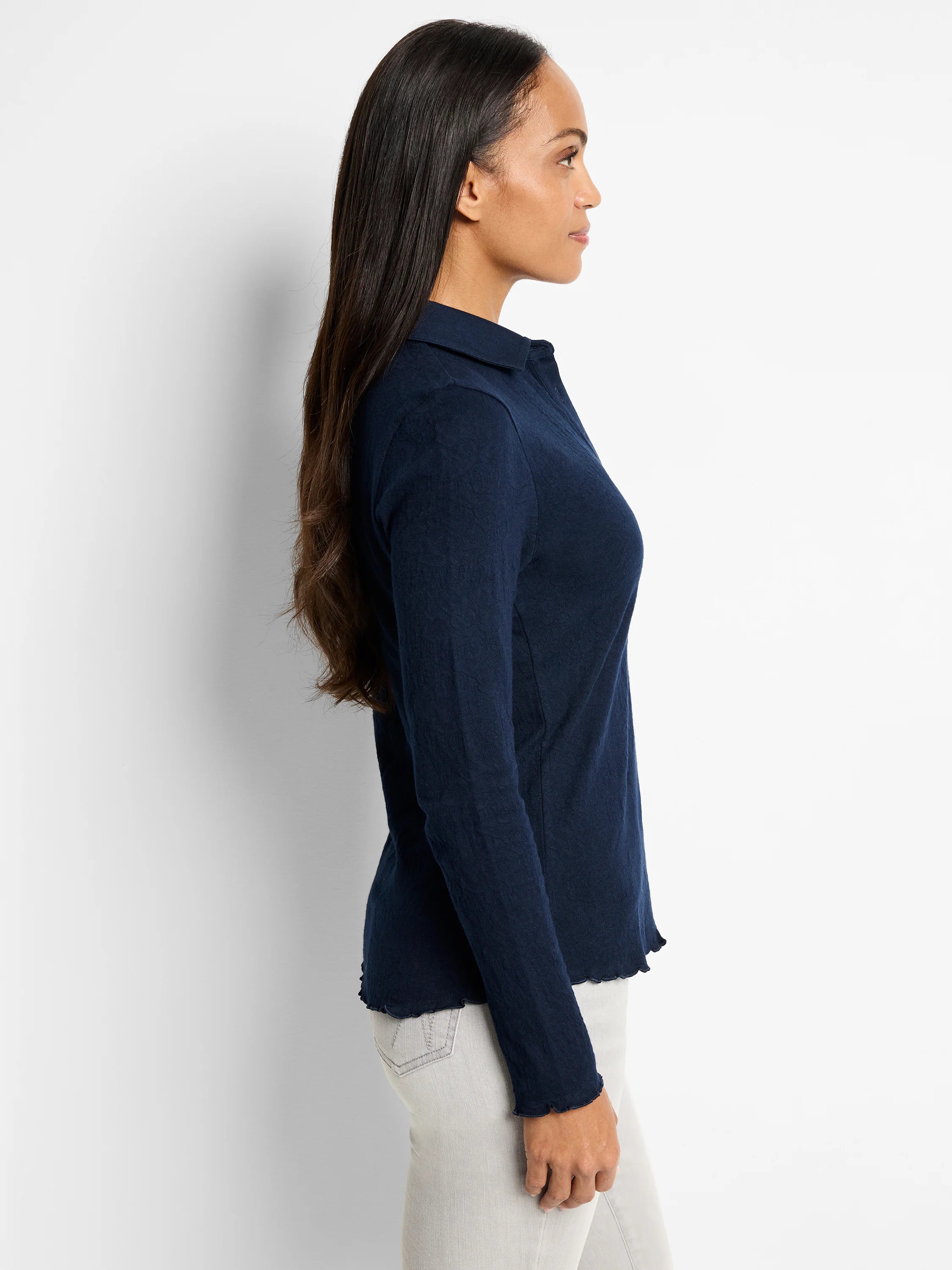 Navy blue collared lace knit top with long sleeves, subtle texture, and scalloped cuffs & hem.