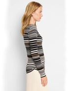 Black, cream, and brown striped ribbed long-sleeve sweater tee.