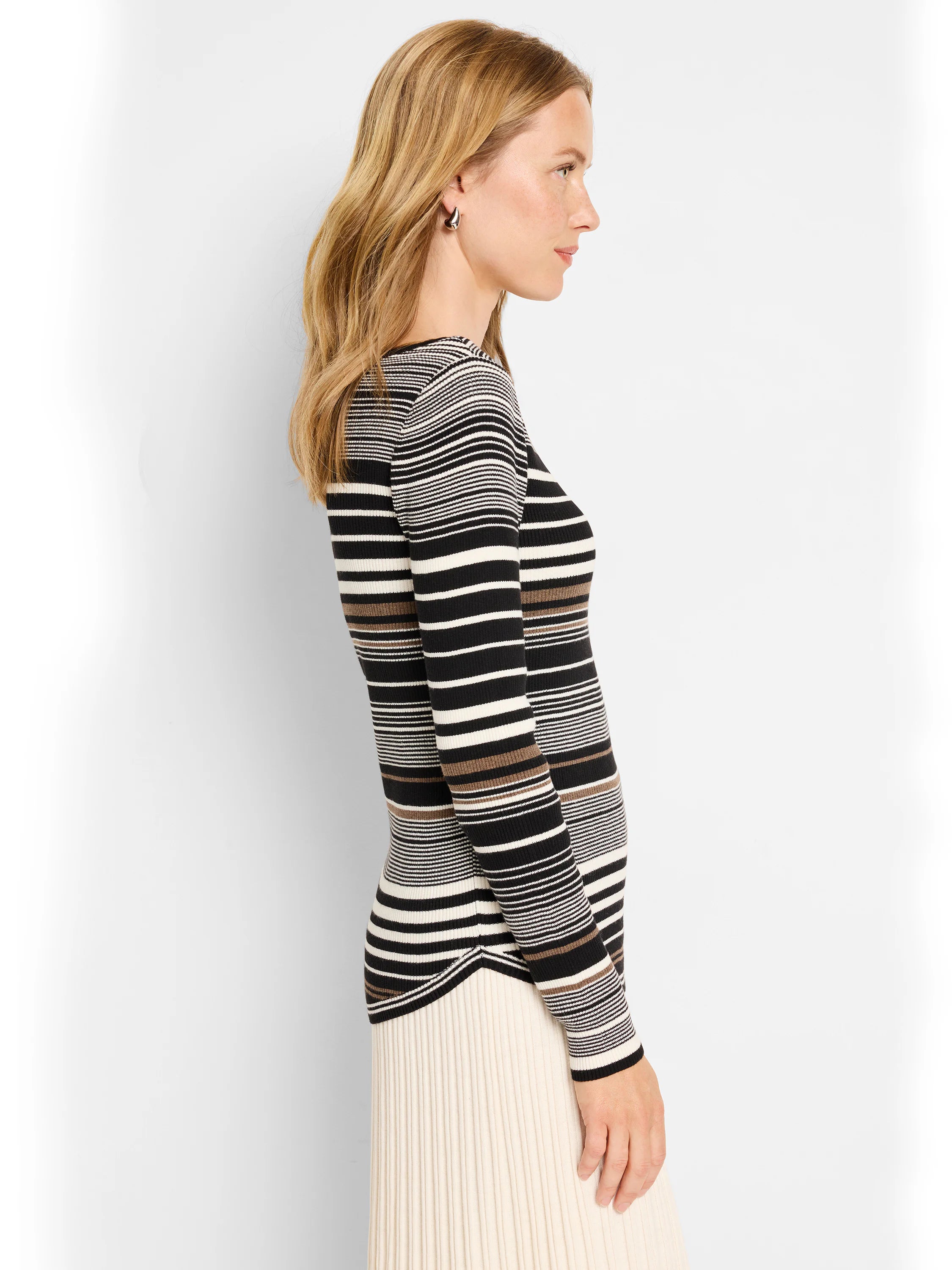 Black, cream, and brown striped ribbed long-sleeve sweater tee.