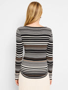 Black, off-white, and brown horizontal striped ribbed knit long-sleeve tee.  Slight V-neck.