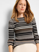 Here's alt text that meets the requirements:

Black, cream, and brown horizontal striped ribbed sweater tee....