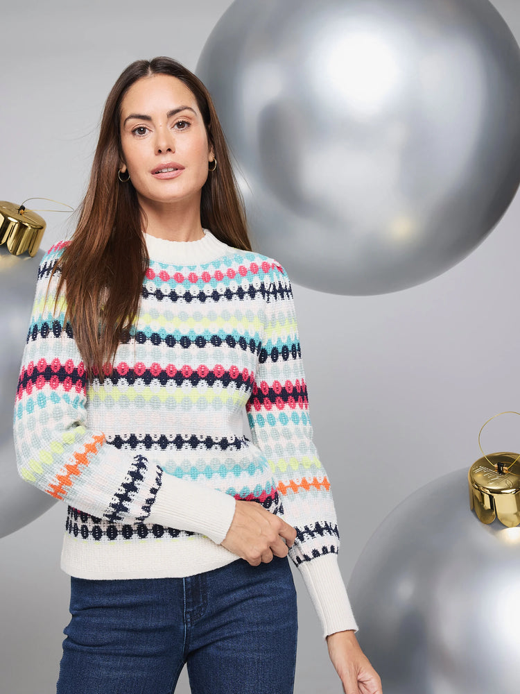 Cream waffle-knit sweater with horizontal stripes in pink, teal, lime, and navy.  Pattern includes small dots and...