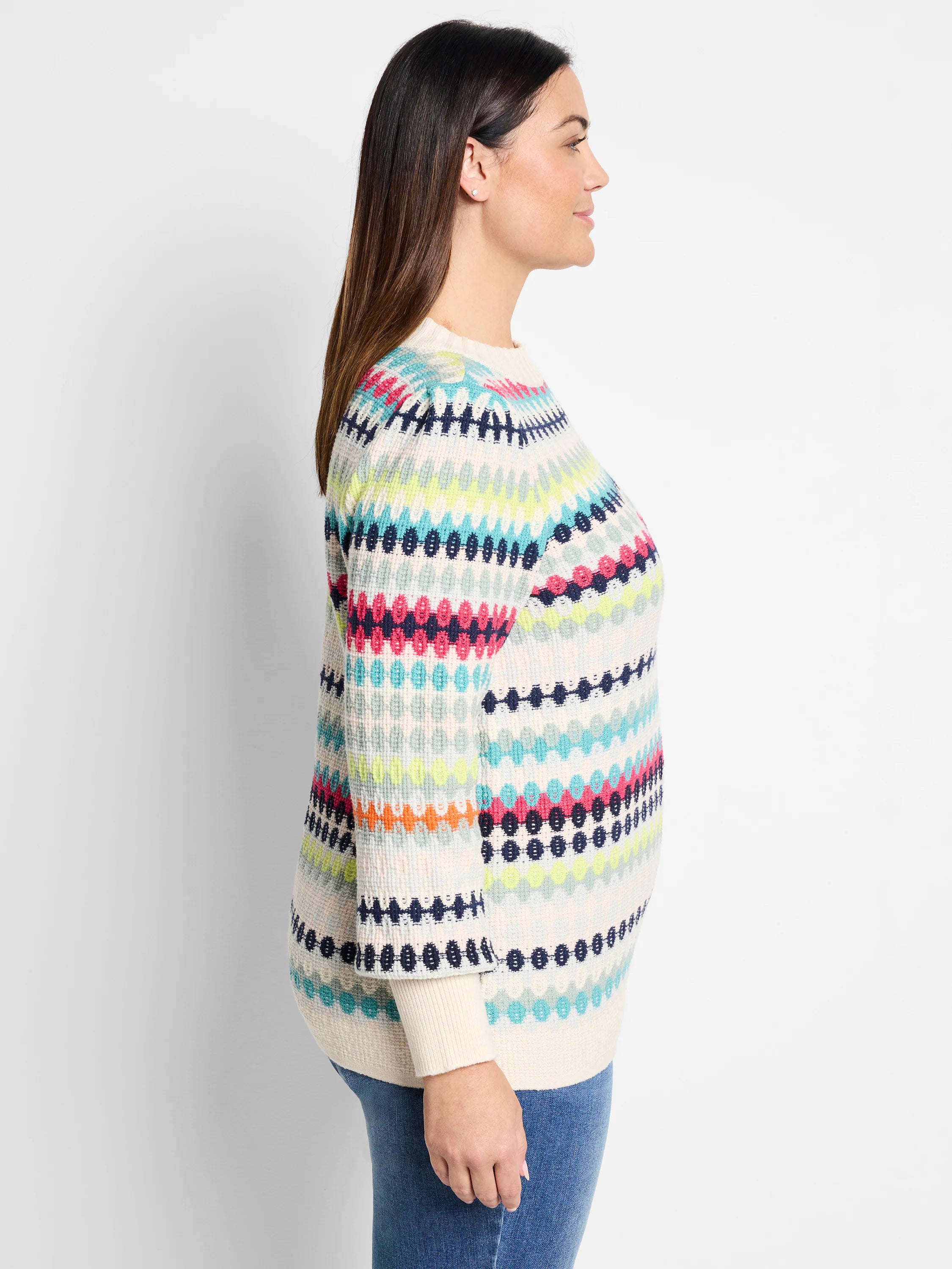 Cream waffle-knit sweater with horizontal stripes in teal, pink, lime, and navy.  Pattern features small circles.