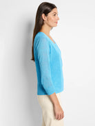 Bright blue lightweight sheer knit cardigan with 3/4 sleeves, ribbed cuffs and hem.