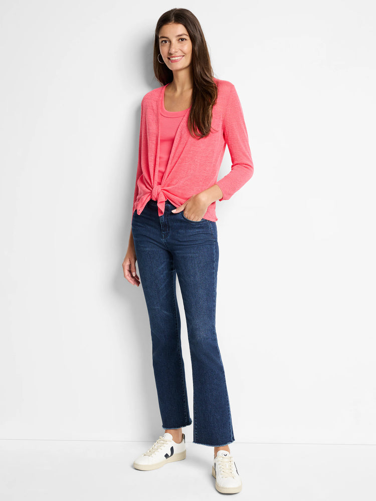 Lightweight coral pink cardigan with long sleeves, tied in a knot at the waist.