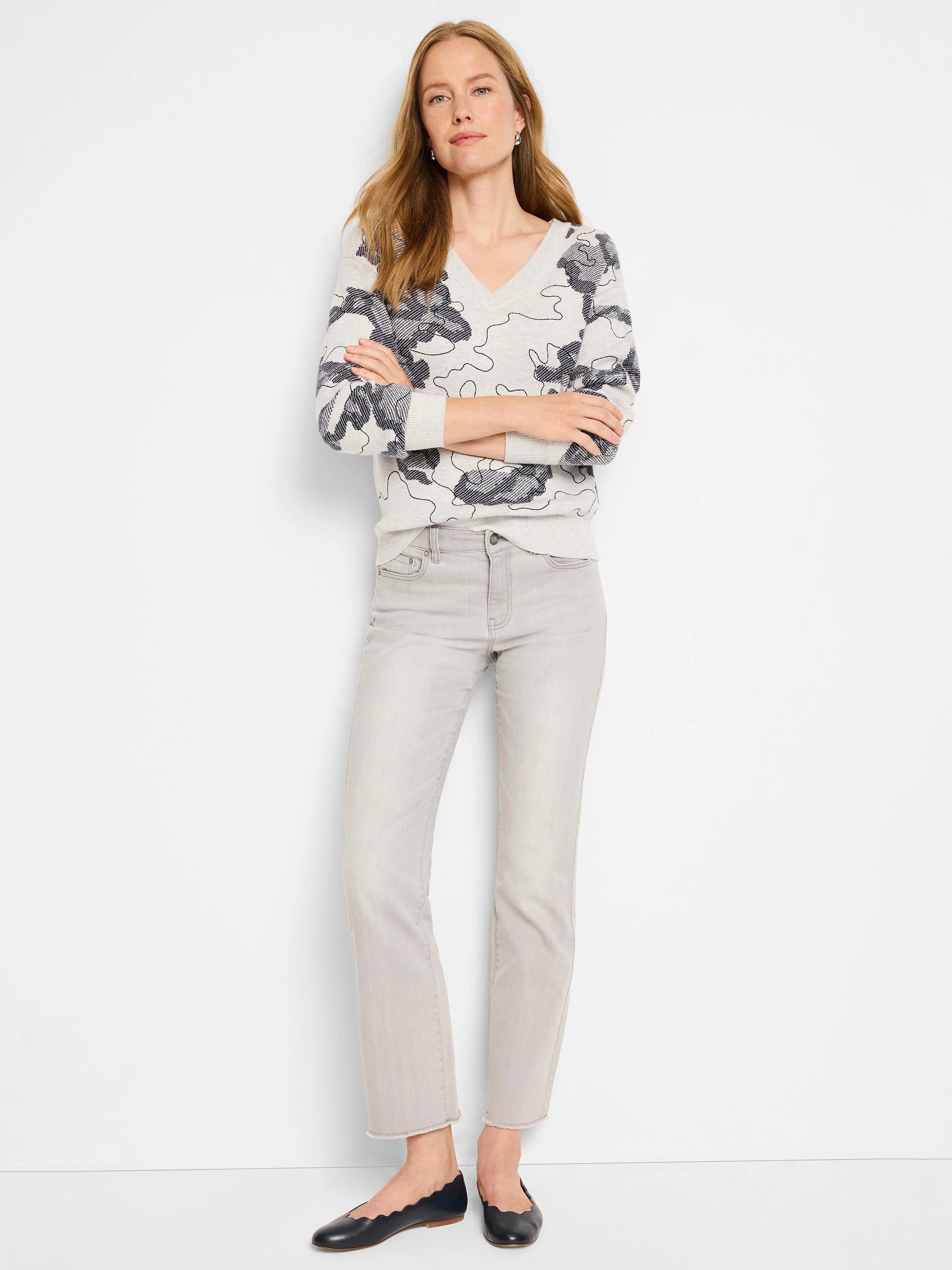 Light gray V-neck sweater with a dark gray abstract cloud pattern.