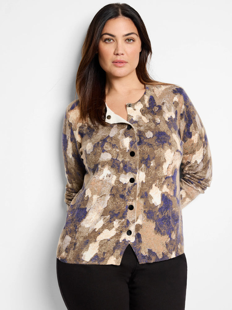Beige, taupe, and purple abstract print cardigan.  Long sleeves, button front.  Off-white interior visible at neckline.