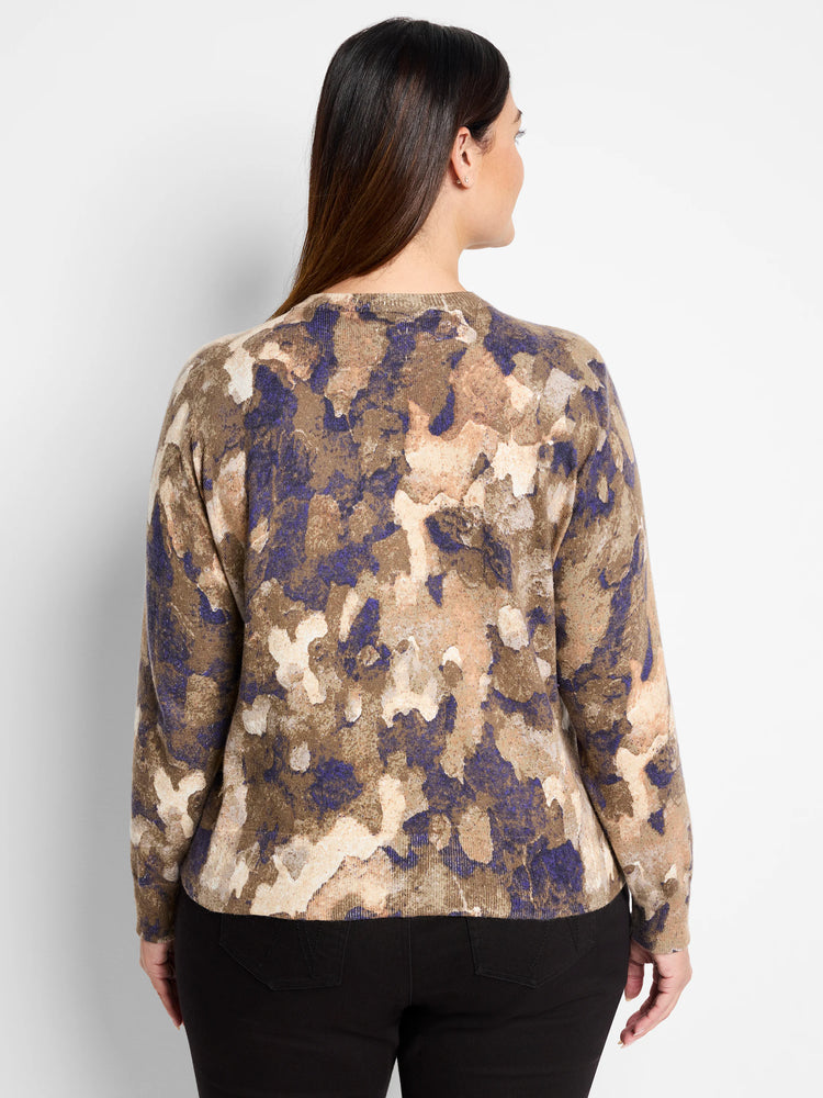 Back view of a long-sleeved cardigan.  Brown, beige, and purple camouflage pattern.