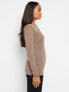 Here's alt text for the image, under 125 characters:

Mauve shimmer sweater tee with long sleeves.  Subtle gold flecks...