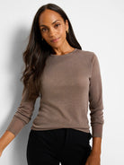 Brown shimmer sweater tee with long sleeves and a round neck.  Subtle gold flecks throughout.
