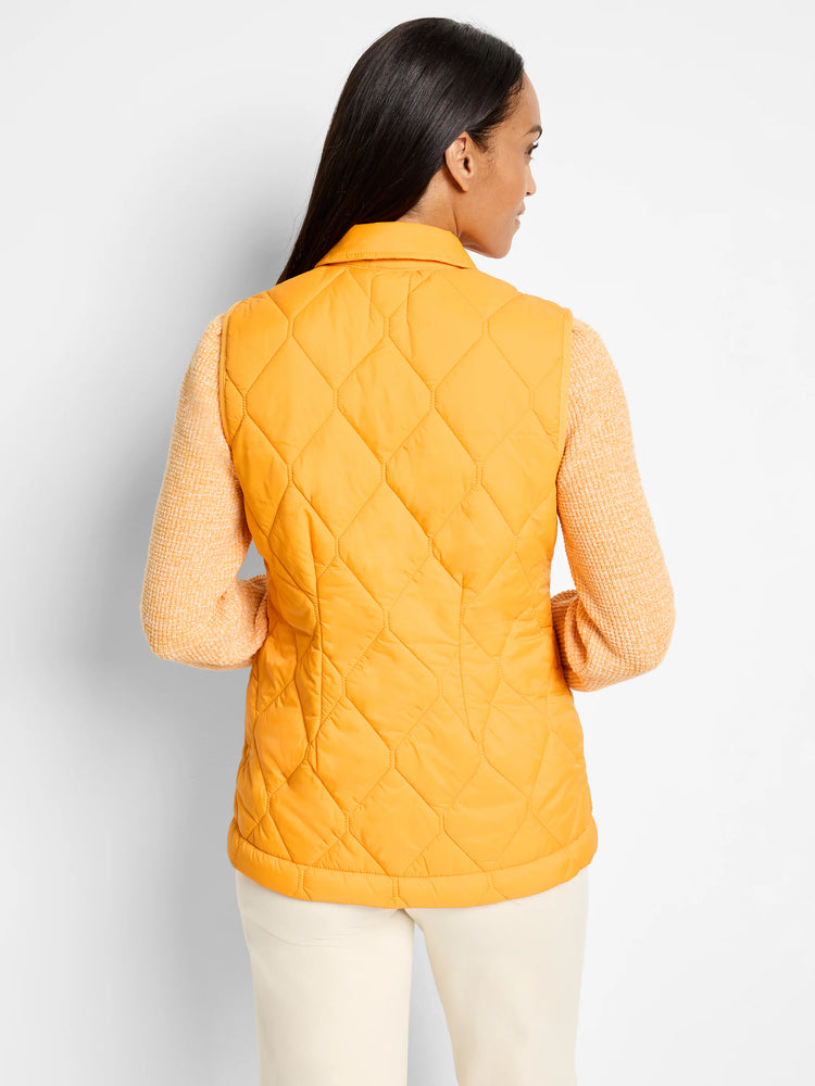 Mustard yellow quilted puffer vest, diamond pattern.  Back view.