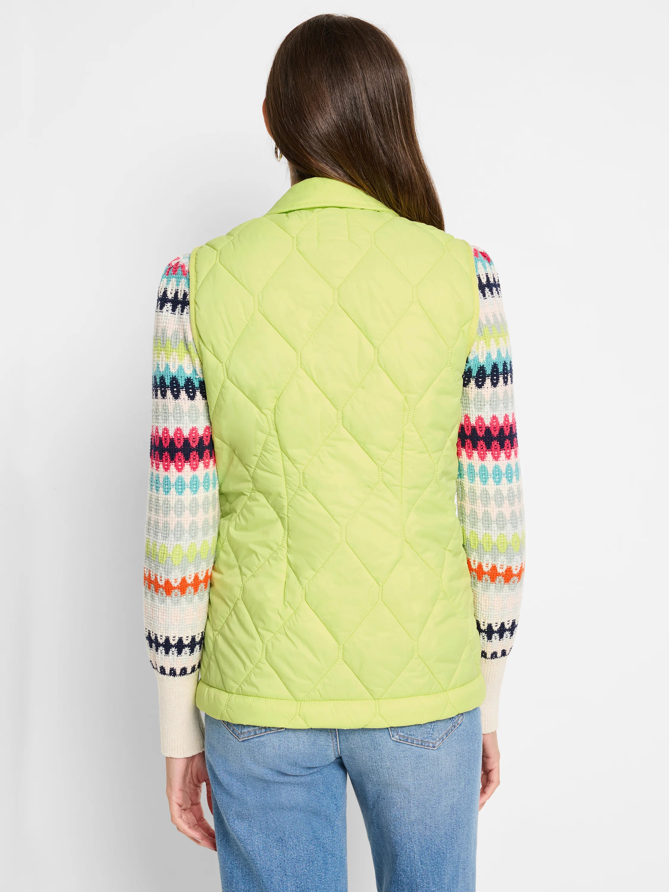 Lime green quilted vest, diamond pattern.  Back view shows knit trim detail on sleeves.