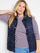 Navy blue quilted puffer vest with gold buttons.  Knit trim detail.