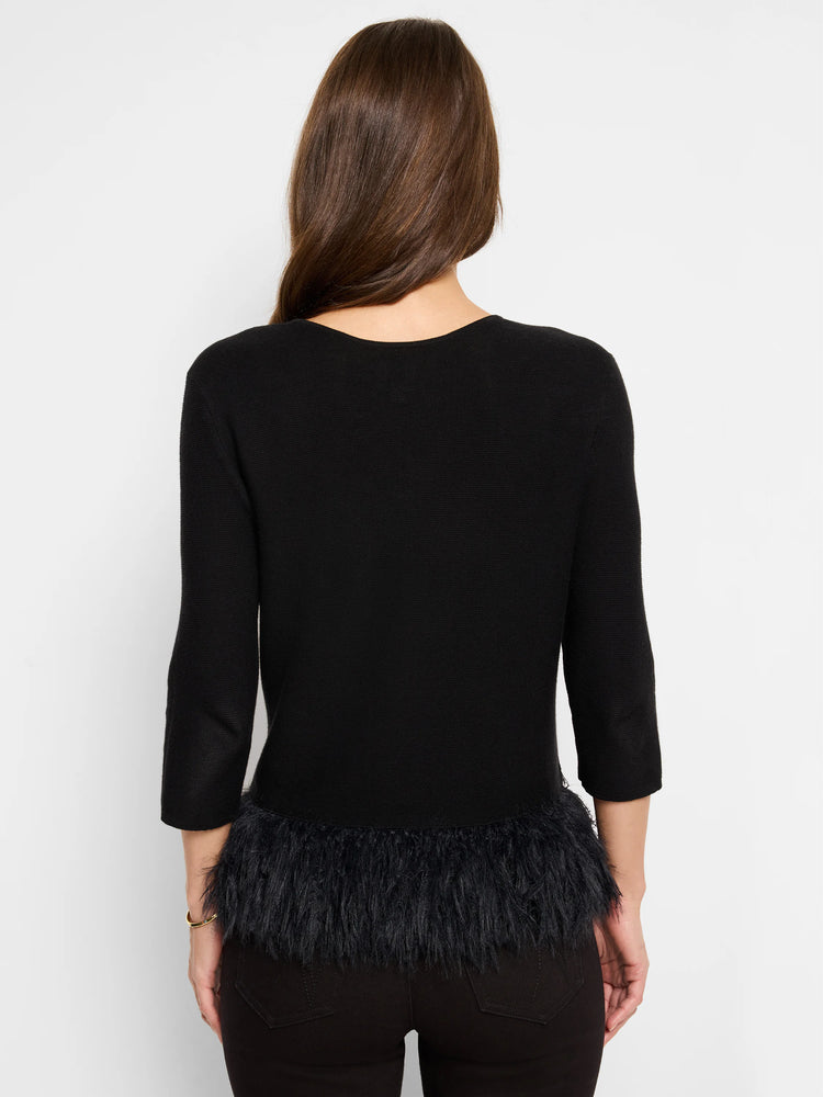 Black 3/4 sleeve sweater with a black feather fringe hem.