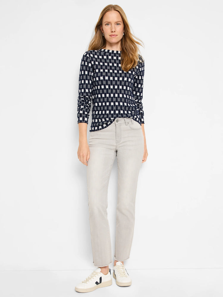 Navy blue & white checkered long-sleeve tee.