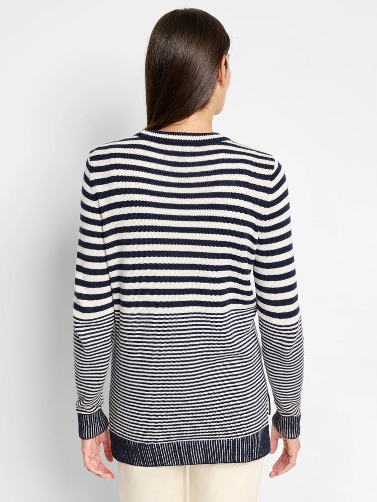 Cream and navy blue horizontal striped sweater.  Long sleeves, ribbed cuffs and hem.