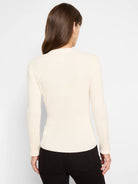 Off-white, ribbed, long-sleeved sweater.  Shown from the back.