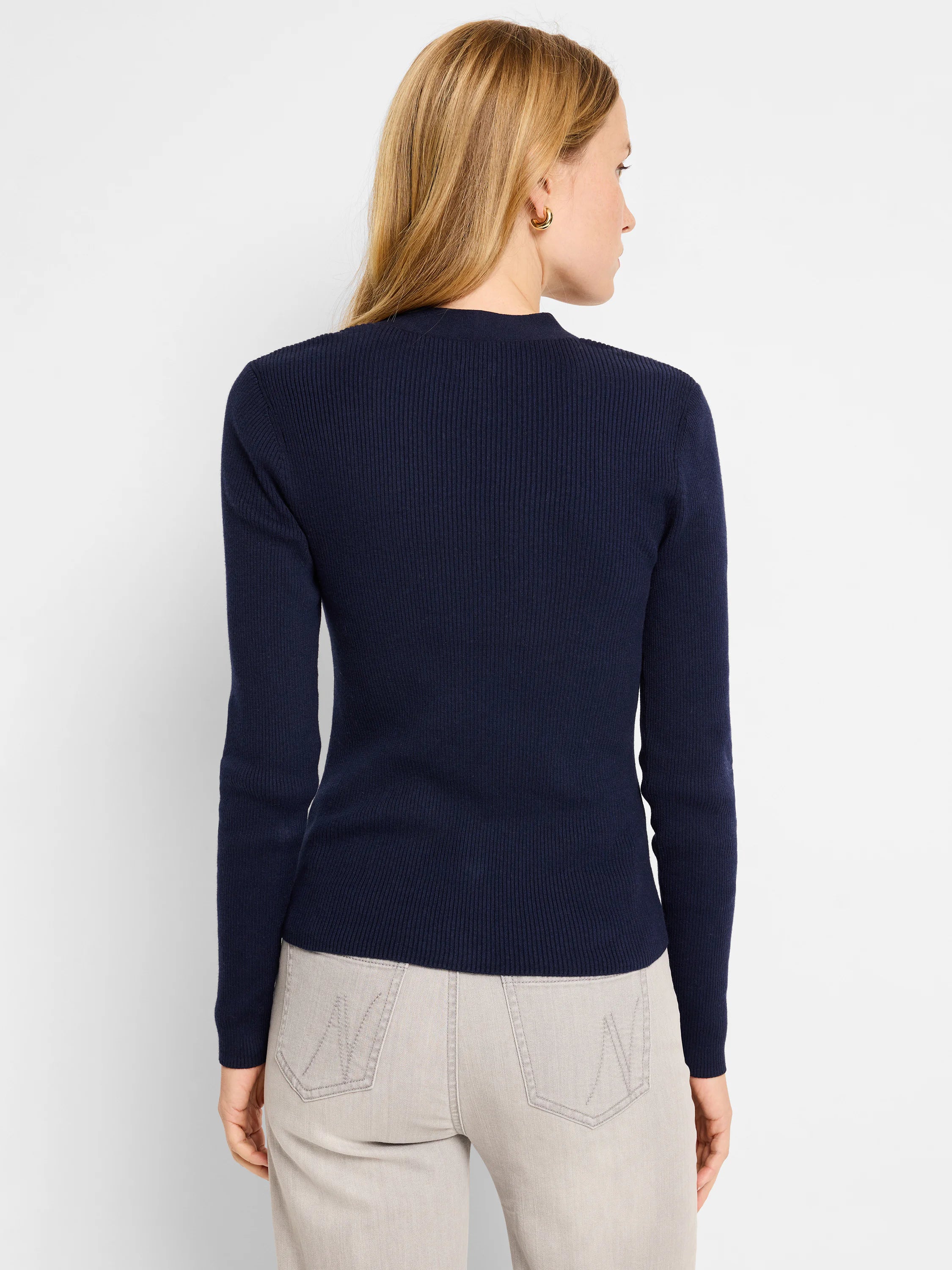 Here's alt text for the image, following accessibility best practices:

"Dark navy blue, ribbed, long-sleeved sweater. ...