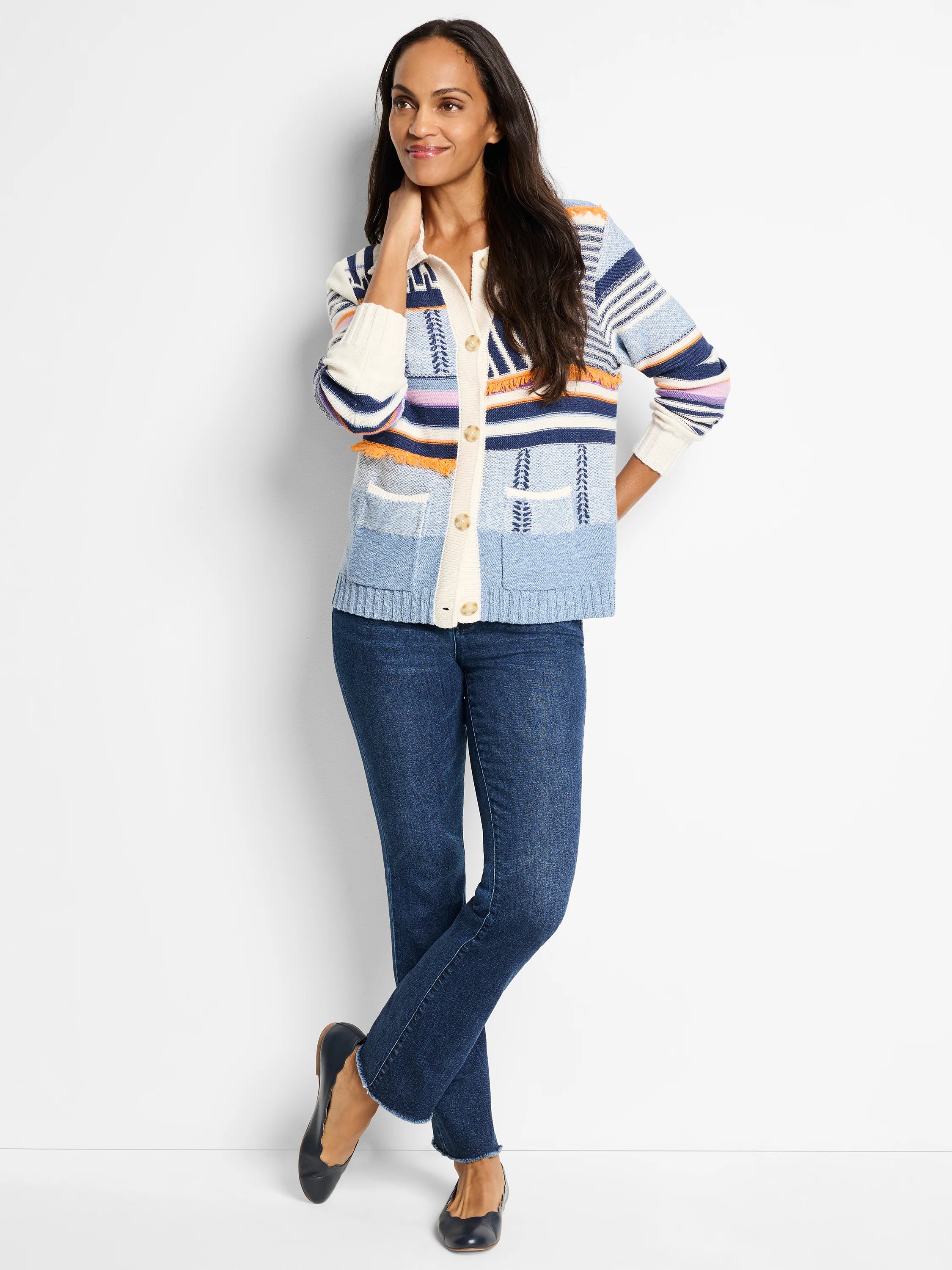 Cream, blue, and navy striped cardigan sweater jacket with embroidered details and fringe.  Button front, patch pockets.