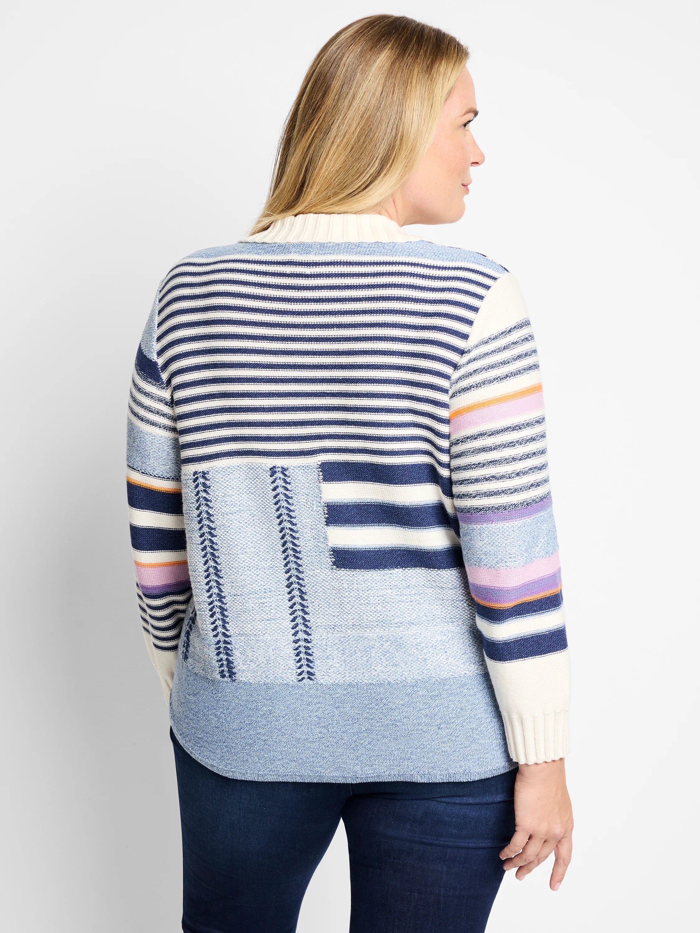 Cream, blue, and navy striped sweater jacket with textured patches.  Includes hints of purple and orange in stripes on...