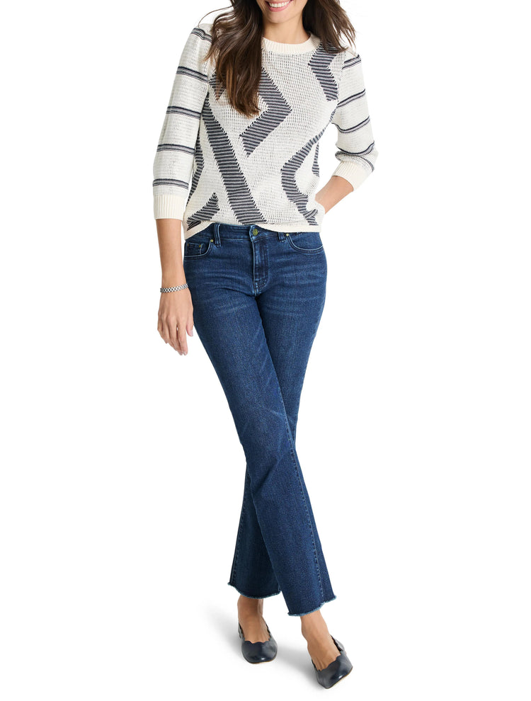 Cream-colored sweater with dark blue and white striped pattern.  Three-quarter sleeves. Geometric design.
