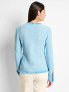 Light blue & white textured knit jacket with fringe trim at collar, hem, and cuffs. Back view on model.