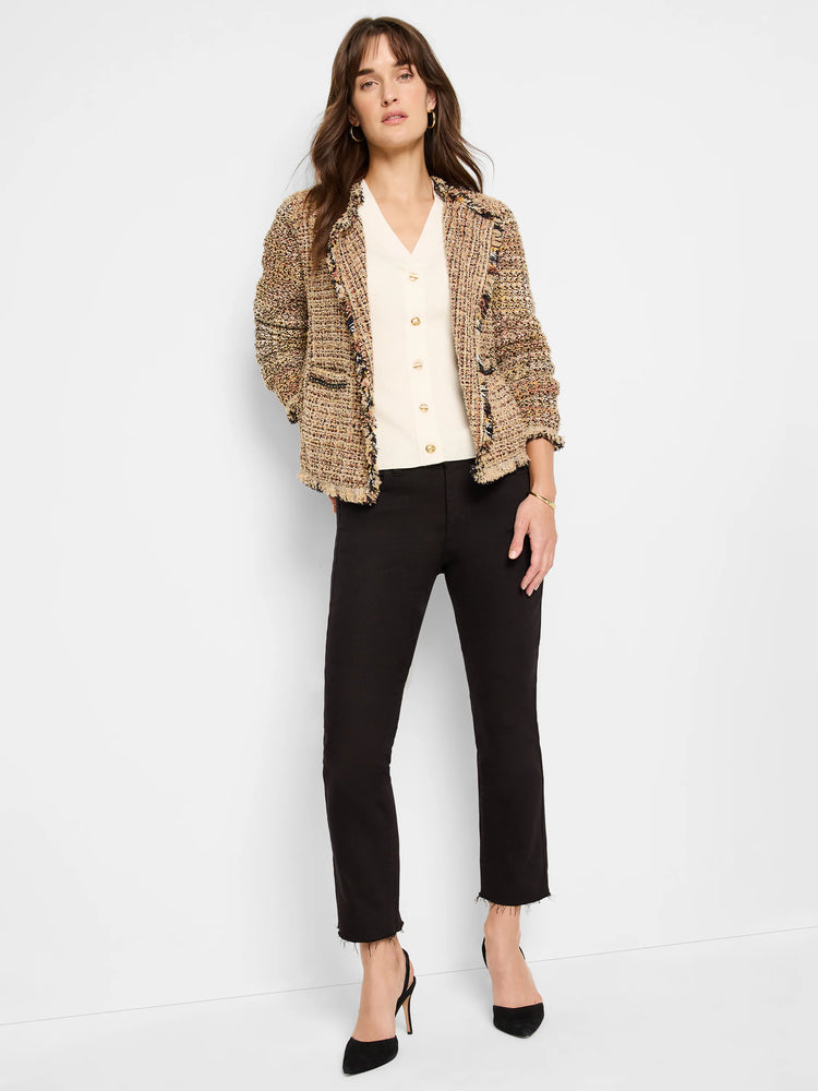 Mix knit jacket in tan, black, and red tones, with prominent fringe edges and dark chain trim.