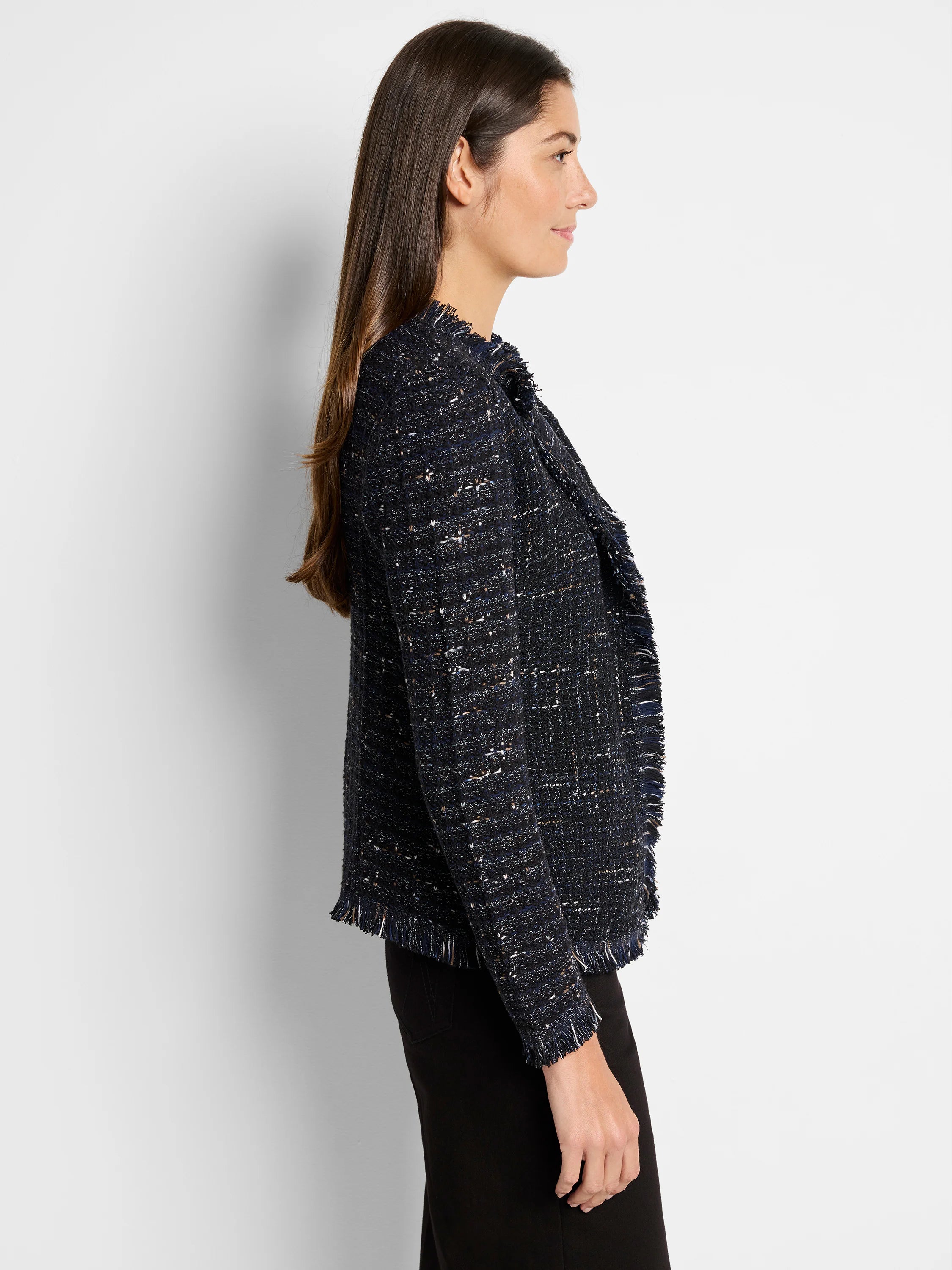 Black tweed jacket with navy and gold flecks; fringed edges.