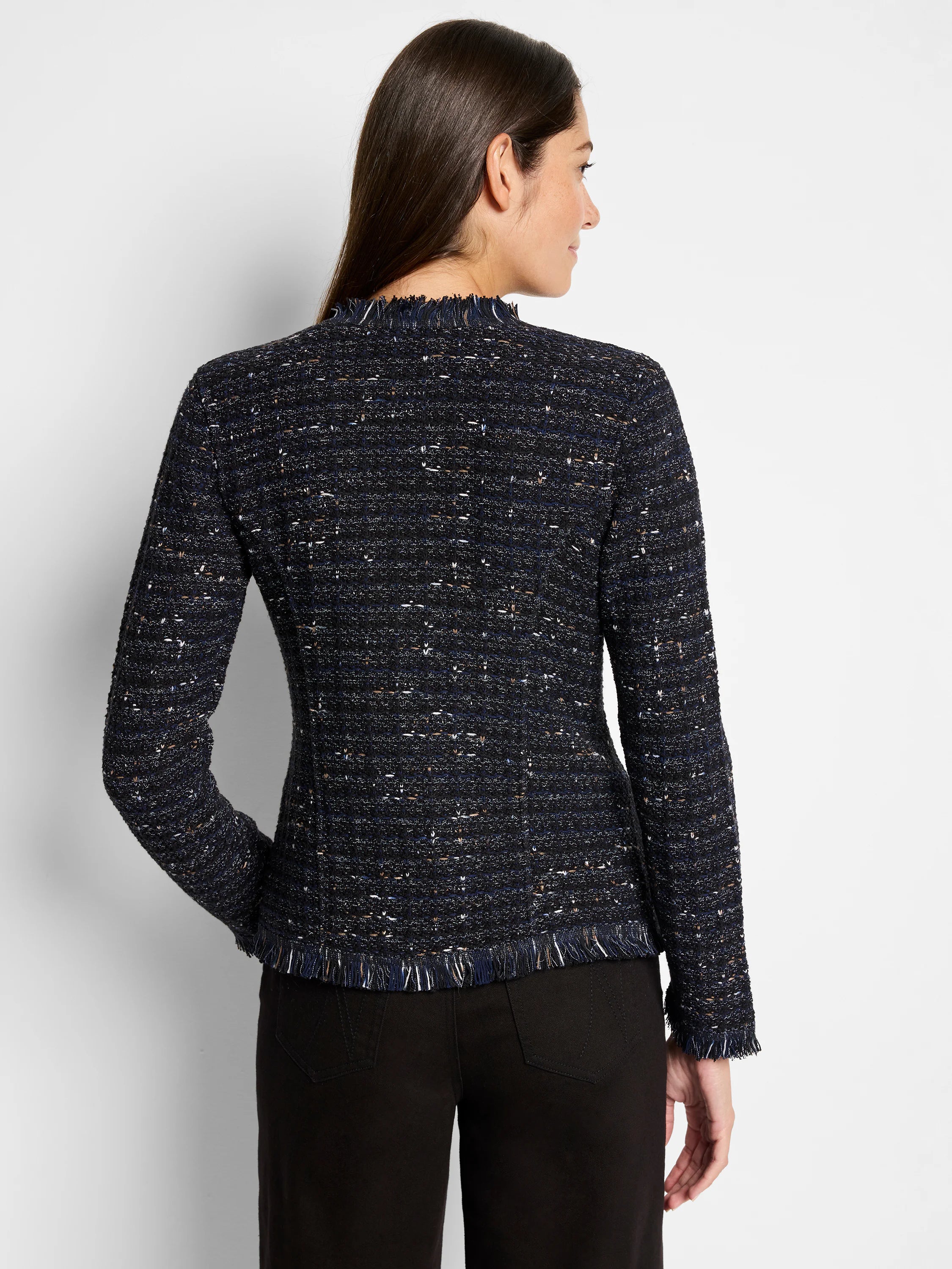 Here's alt text following your specifications:

Black tweed jacket with navy and beige flecks.  Fringe trim at neckline...