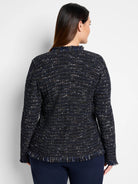 Here's alt text for the image, suitable for visually impaired users:

"Black tweed jacket with navy, beige, and silver...