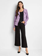 Femme Plaid Fringe Mix Knit Jacket in Mpl