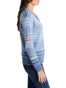 Blue, light-blue, and white marled knit sweater.  V-neck, braided shoulder detail. Sleeves feature pink and yellow stripes.