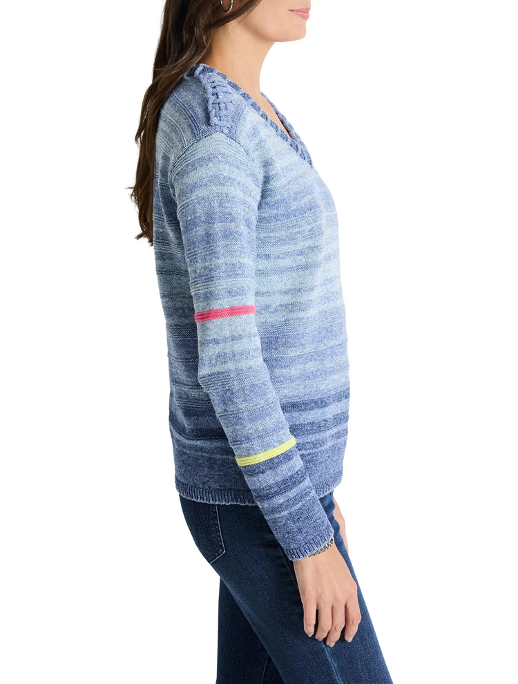 Blue, light-blue, and white marled knit sweater.  V-neck, braided shoulder detail. Sleeves feature pink and yellow stripes.