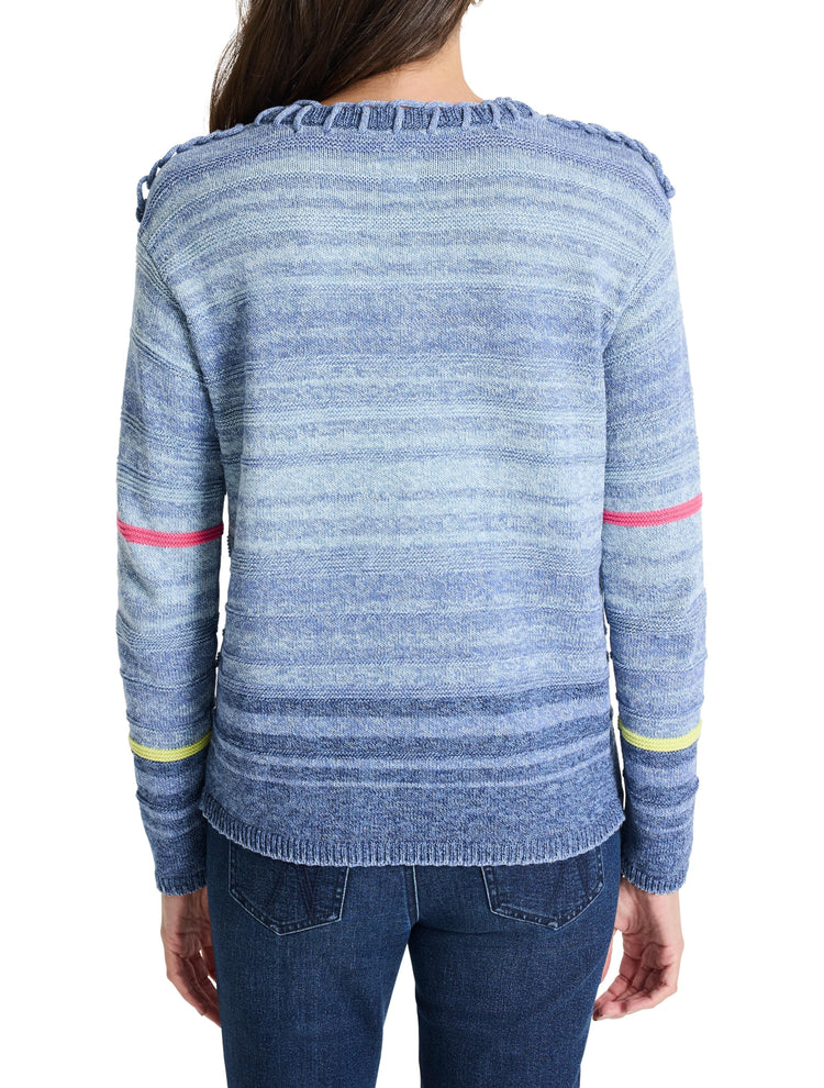 Light blue sweater with horizontal stripes;  pink and lime green stripes on sleeves; frayed neckline.